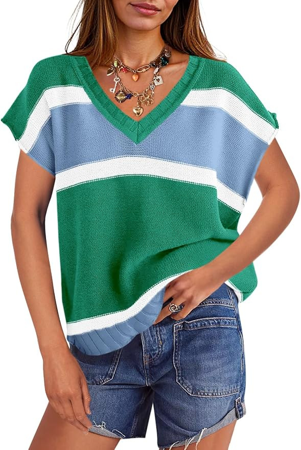 Saodimallsu Womens Cap Sleeve Sweater Vest Top Summer Color Block Loose Knit Going Out Shirts | Amazon (US)