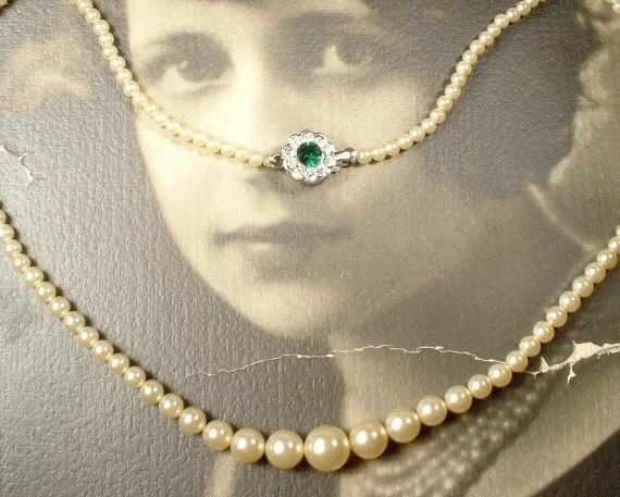 Vintage 1940s EMeRaLD/Champagne Ivory Pearl Necklace Rhinestone Clasp,Art Deco Choker Single Stra... | Etsy (US)