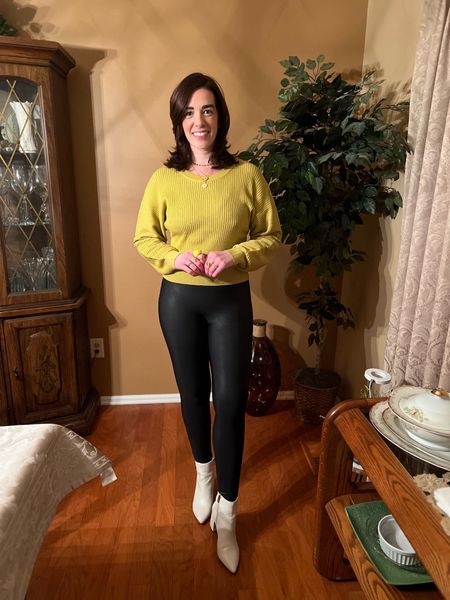 Lime green sweater (size small). Black faux leather leggings (size small). White boots (size 8.5). #sweater #sweaters #limegreensweater #leggings #fauxleatherleggings #blackleggings #boots #whiteboots #winteroutfit #winteroutfits Winter Outfit 

#LTKstyletip #LTKSeasonal #LTKfindsunder100