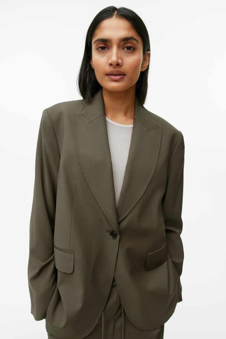 Relaxed Wool-Blend Blazer - Dark Khaki Green - Ladies | H&M GB | H&M (UK, MY, IN, SG, PH, TW, HK)