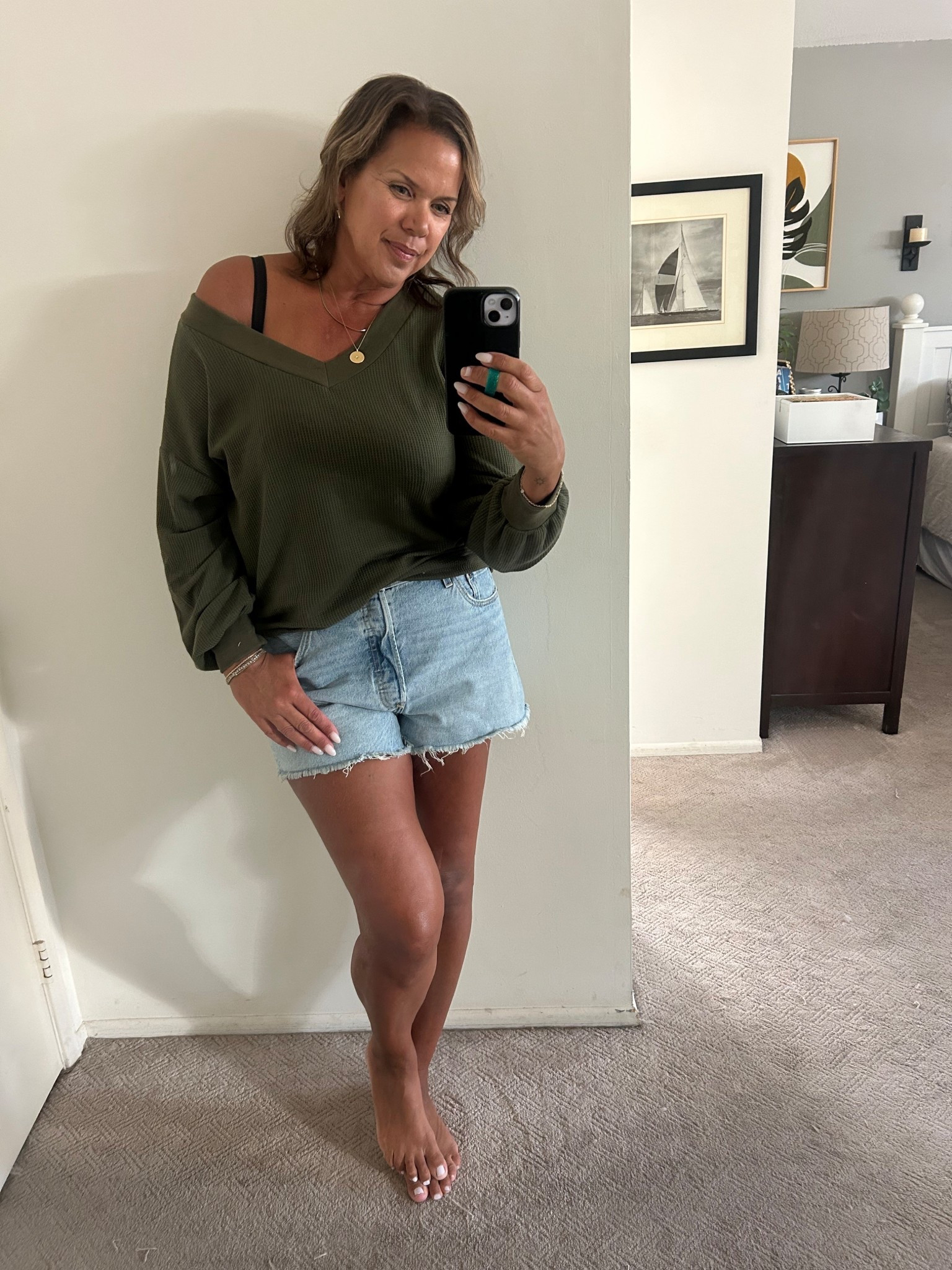 Transition to Fall outfit. Classic Levi's denim shorts (from Target) and thus cozy waffle knit off the shoulder Amazon top. Top comes in tons of colors. I'm wearing a size L. 

#LTKStyleTip #LTKFindsUnder50 #LTKSeasonal