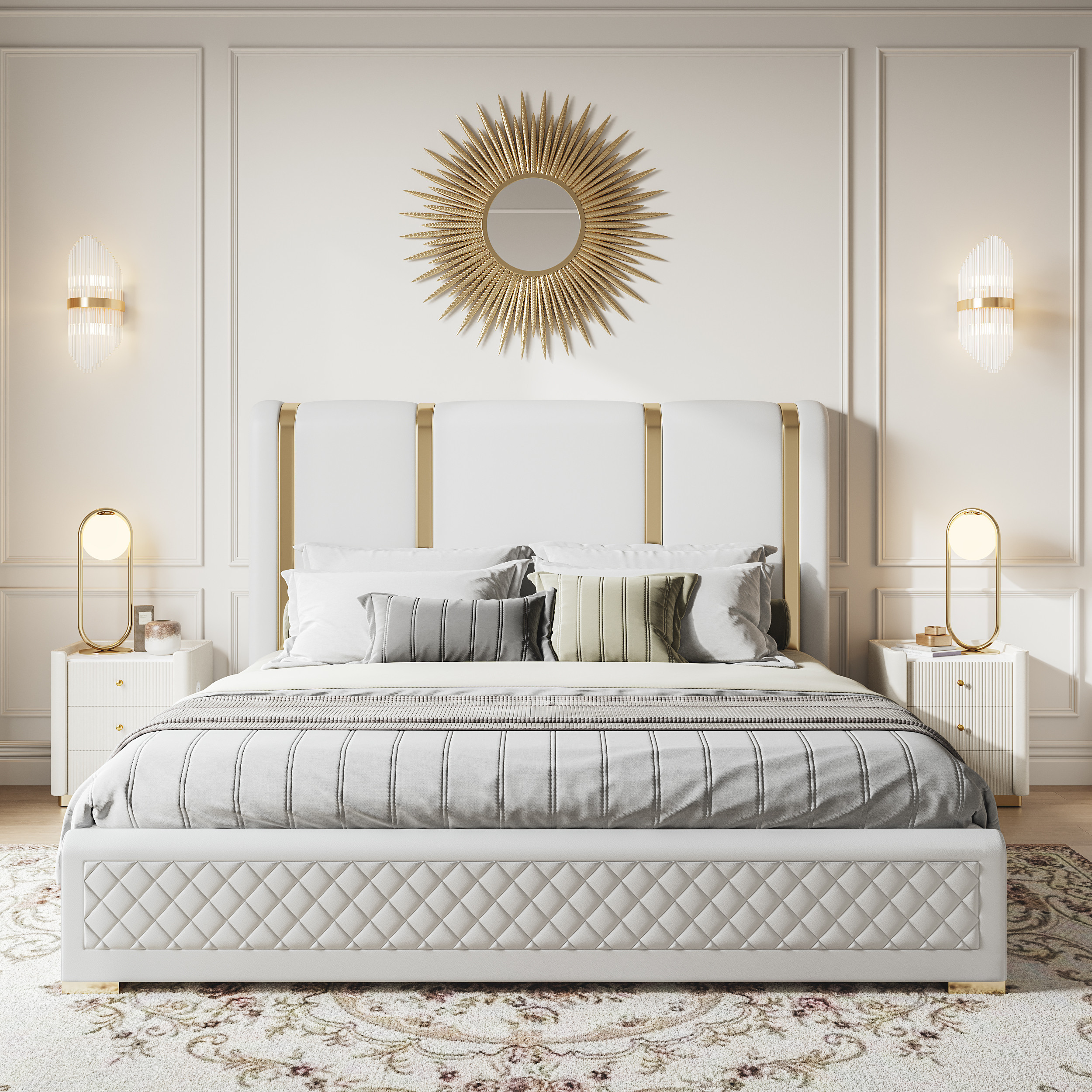 King Size Upholstered Bed Frame with Polished Gold and Faux Leather Headboard & Nightstands Set | Homary