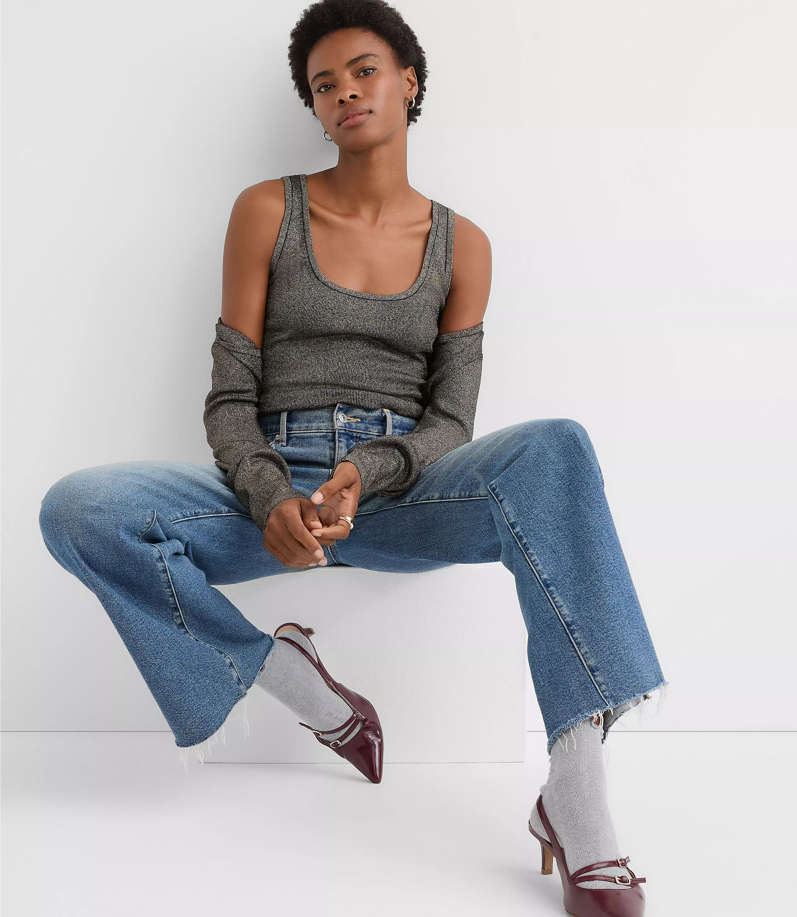 Shimmer Ribbed Sweater Tank Top | LOFT