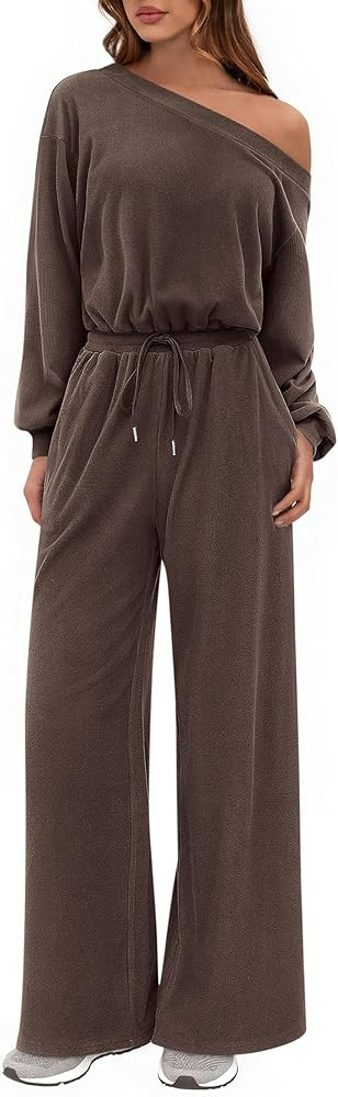 PRETTYGARDEN Long Sleeve Jumpsuit For Women Dressy 2025 Off Shoulder One Piece Loose Wide Leg Jum... | Amazon (US)