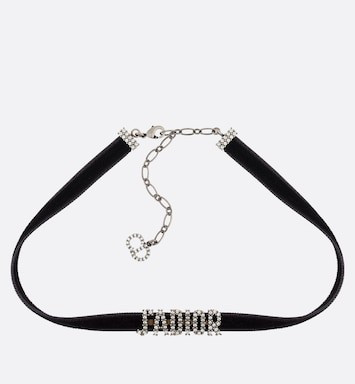 Collier choker J'Adior Métal vieilli finition palladium, ruban en velours noir et cristaux blanc... | Dior Couture