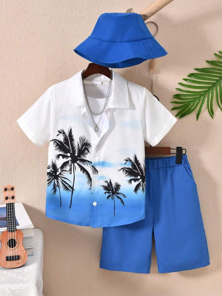 Vihyde 3pcs Set Tween Boy Tropical Coconut Tree Print Short Sleeve Shirt + Shorts + Bucket Hat | SHEIN