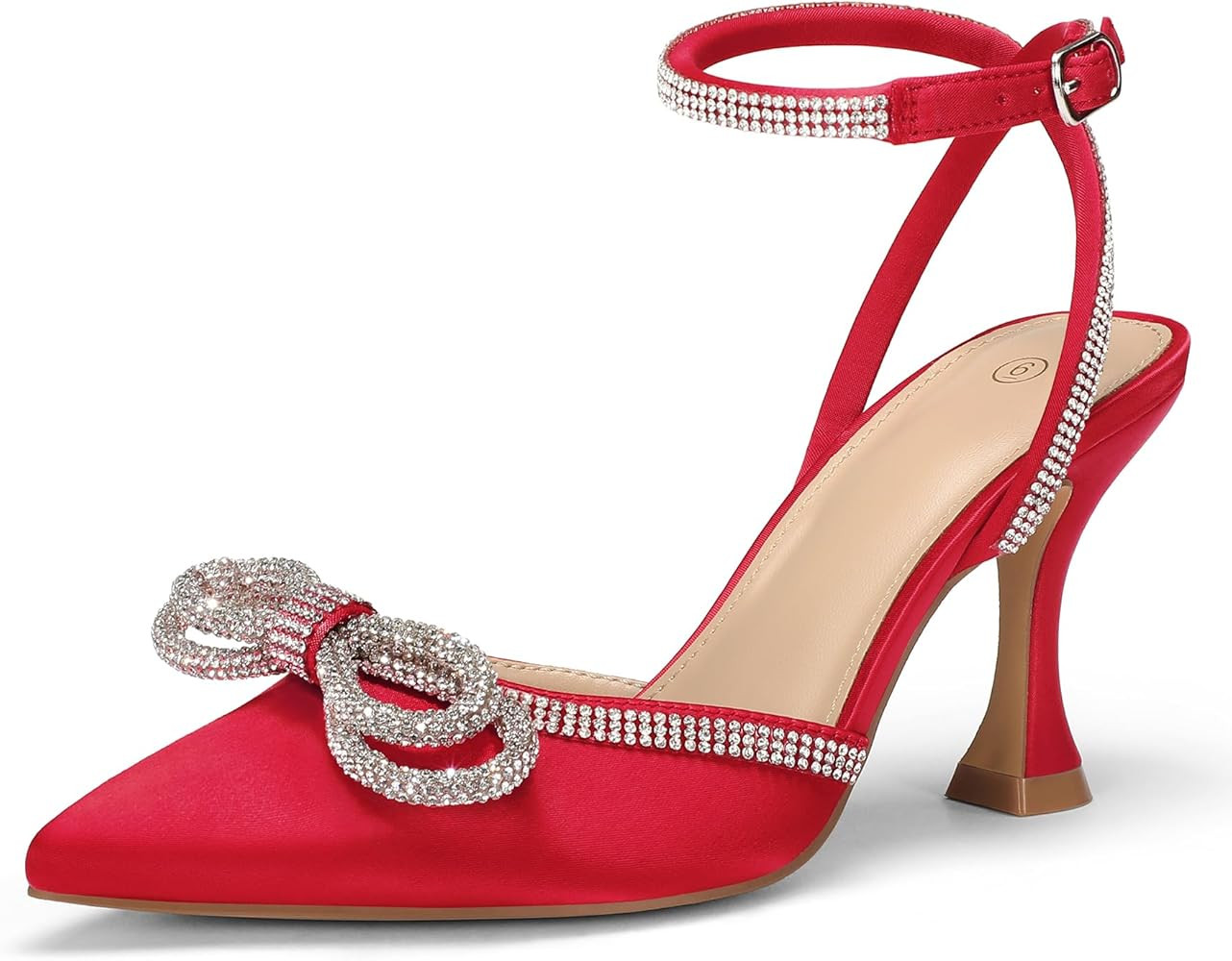 mysoft Women's Rhinestone Bow Pumps Wedding Dress Shoes Pointed Toe Ankle Strap Kitten Heels | Amazon (US)