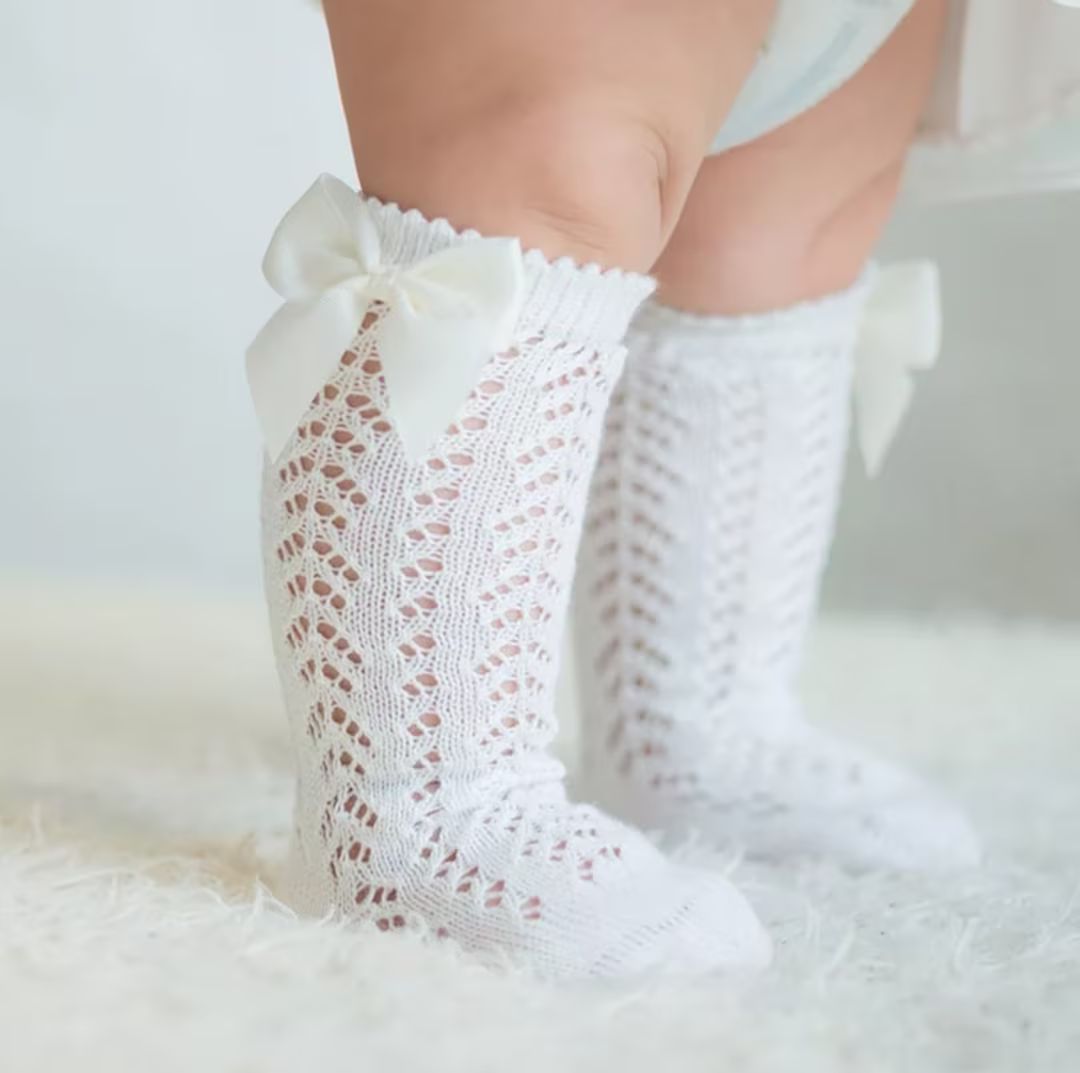 Baby Girl Long Knit Bow Socks Stockings White - Etsy | Etsy (US)