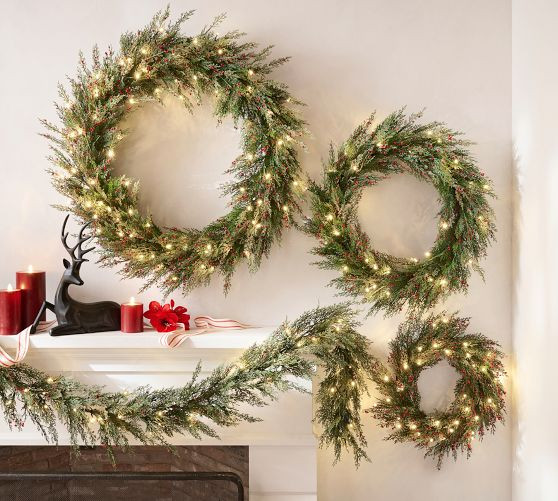 Faux Lit Cedar Berry Pine Wreath & Garland | Pottery Barn (US)