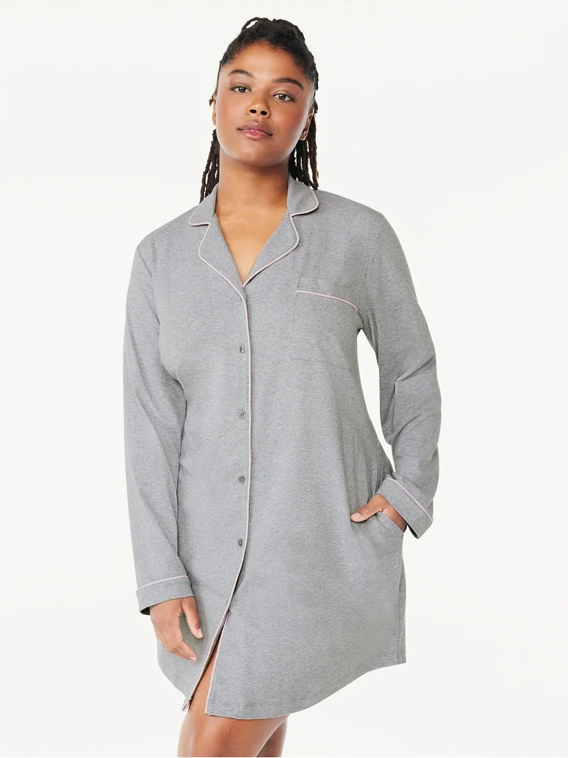 Joyspun Women’s Cotton Blend Long Sleeve Notch Collar Sleepshirt, Sizes S to 4X | Walmart (US)
