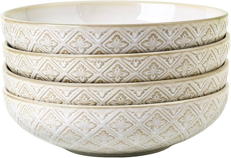 22 Oz Pasta Bowls Set of 4, Ceramic Soup Bowls, 8 inch Large Serving Bowl, Porcelain Kitchen Embo... | Amazon (US)