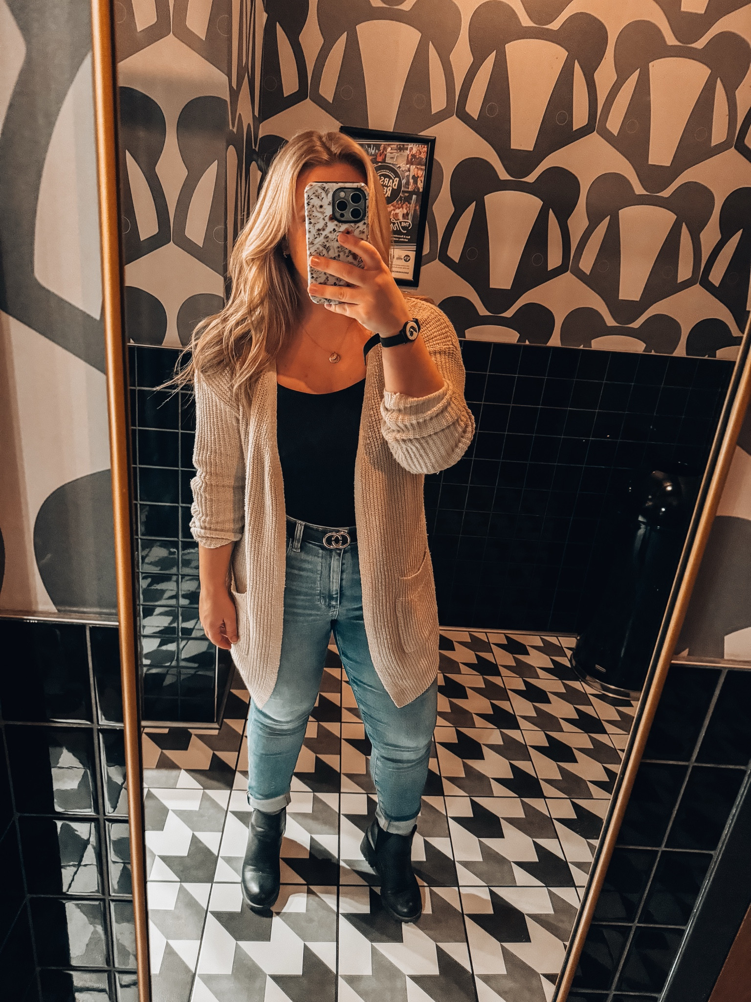 Cute girls day casual fit - high rise denim medium wash jeans - black ruffle strap bodysuit - knit long cream cardigan with pockets - initial necklaces - black ankle Chelsea boots 

#LTKFindsUnder100 #LTKMidsize #LTKFindsUnder50