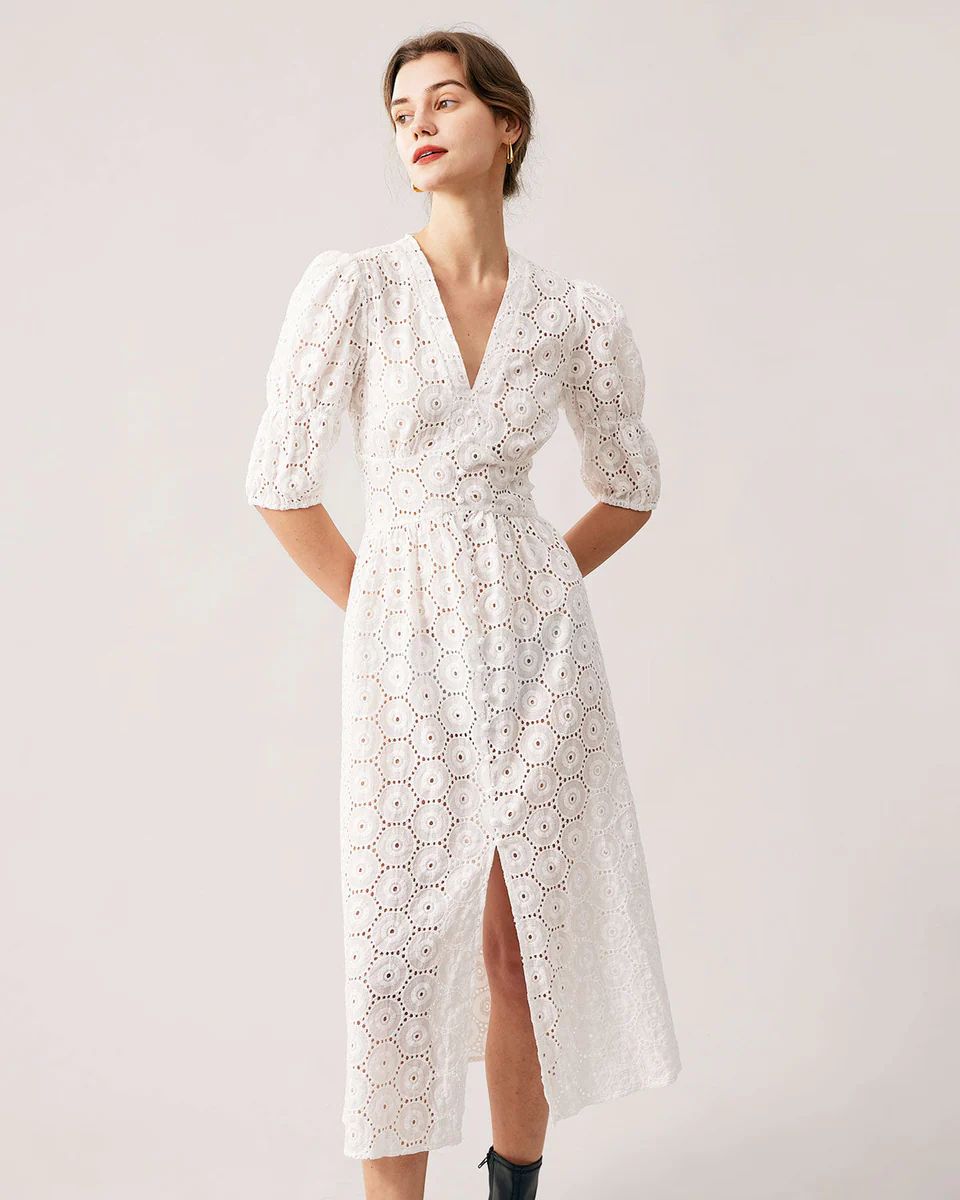 The White Puff Sleeve Cutout Slit Maxi Dress & Reviews - White - Dresses | RIHOAS | rihoas.com