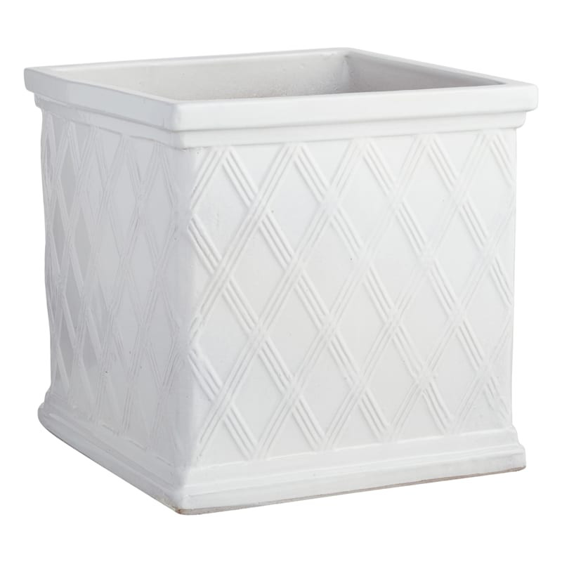 White Lattice Ceramic Square Outdoor Planter, Large | At Home