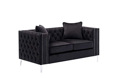 Lilola Home Lorreto Black Velvet Loveseat, Nailhead Trim, Handmade Button Tufted with Chrome Metal L | Amazon (US)