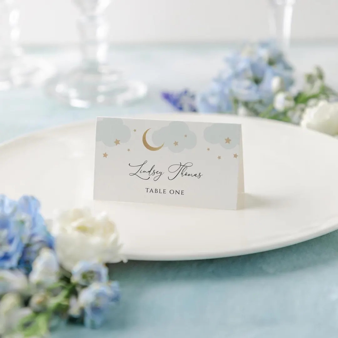 Moon and Stars Baby Shower Seating Place Card, Baby Shower Printable Escort Card, Blue Clouds, Pr... | Etsy (US)