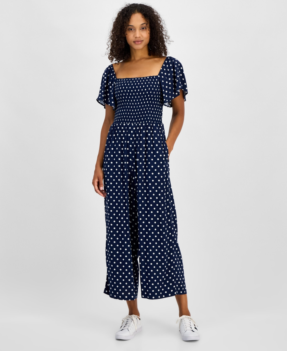 Tommy Hilfiger Women's Flutter-Sleeve Polka Dot Jumpsuit - Sky Captain/ Ivory | Macy's