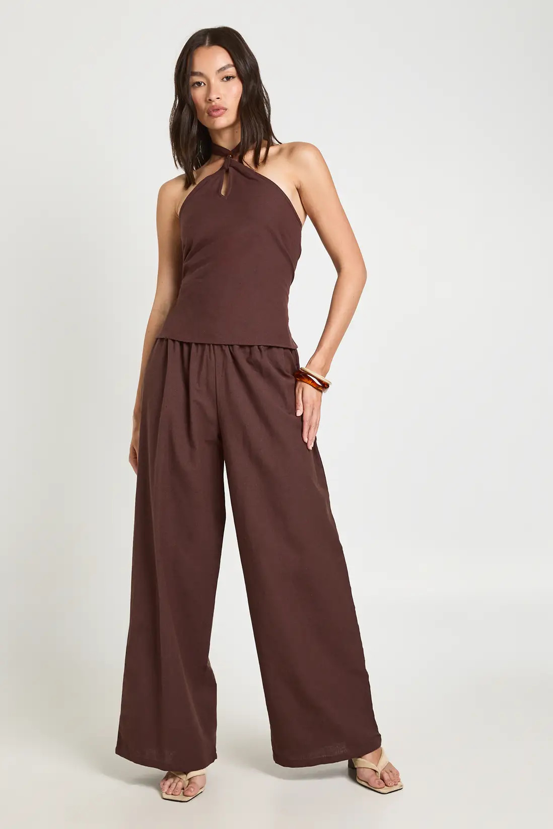Chocolate Linen Look Beaded Halter Neck Top & Slouchy Trouser Co-ord | Boohoo | Boohoo.com (UK & IE)