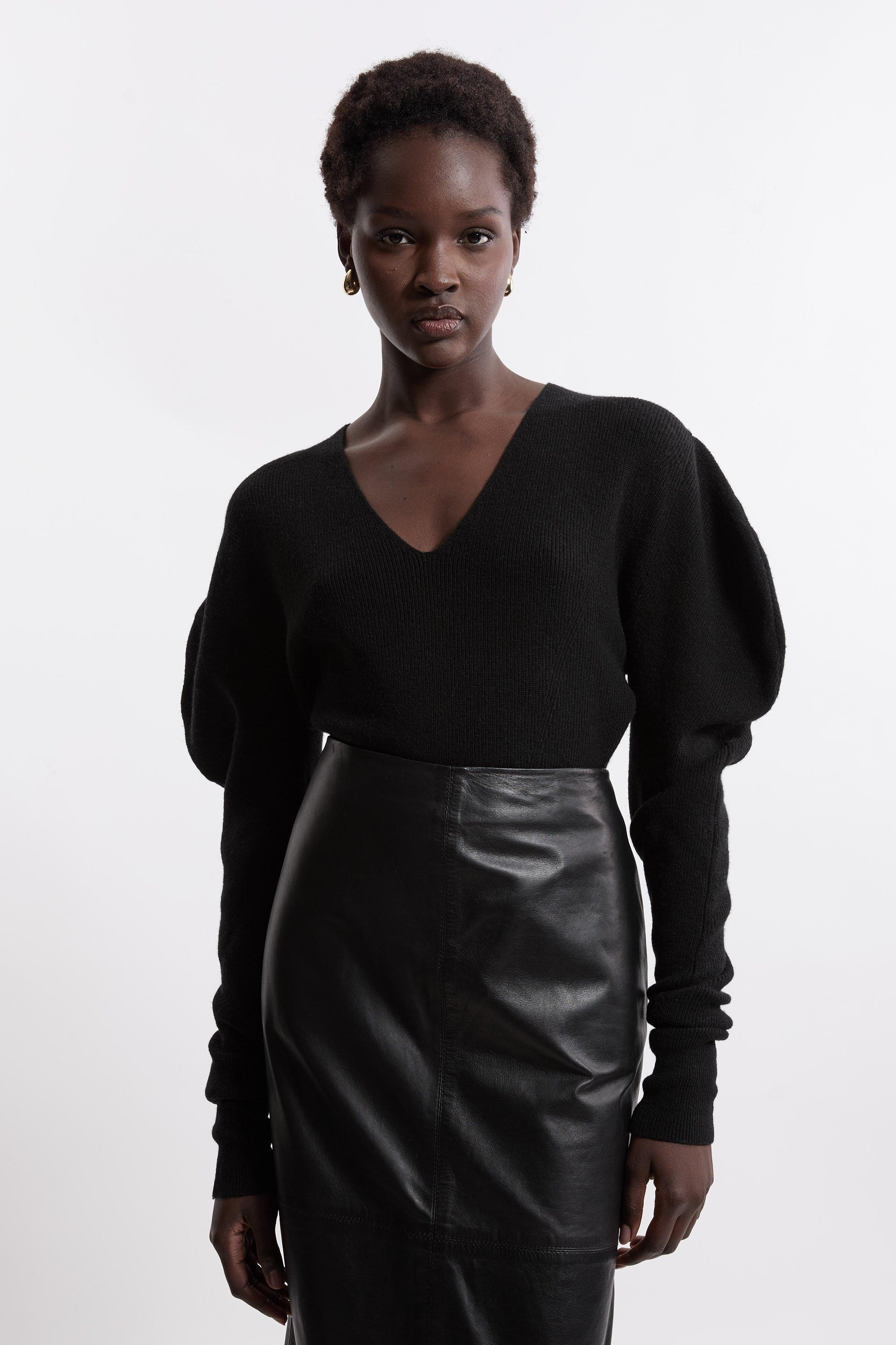 Alpaca Wool Blend Full Sleeve All Over Ribbed V Neck Knit Jumper | Karen Millen UK + IE + DE + NL