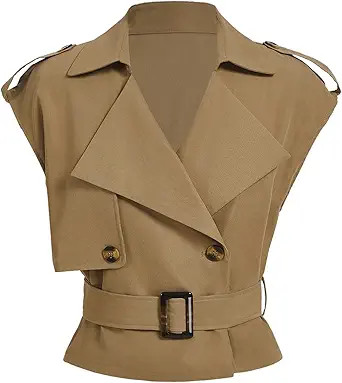 GORGLITTER Women's Cropped Trench Coat Belted Cap Sleeve Lapel Collar Vest Coats | Amazon (US)