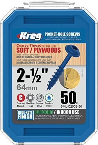 Kreg SML-C250B-50 Blue Kote Pocket Screws, 2-1/2-Inch #8 Coarse Thread, Maxi-Loc Head (50 Count) | Amazon (US)