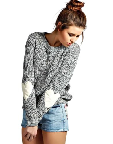 shermie Women's Cute Heart Pattern Elbow Patchwork Knitted Sweaters Long Sleeve Crew Neck Casual Pullover Large Thin Gray | Amazon (US)