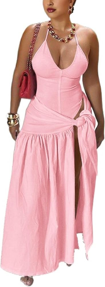 Two Piece Skirt Set Women Sexy Halter Backless Bodysuit and Wrap Tied High Split Summer Maxi Skir... | Amazon (US)