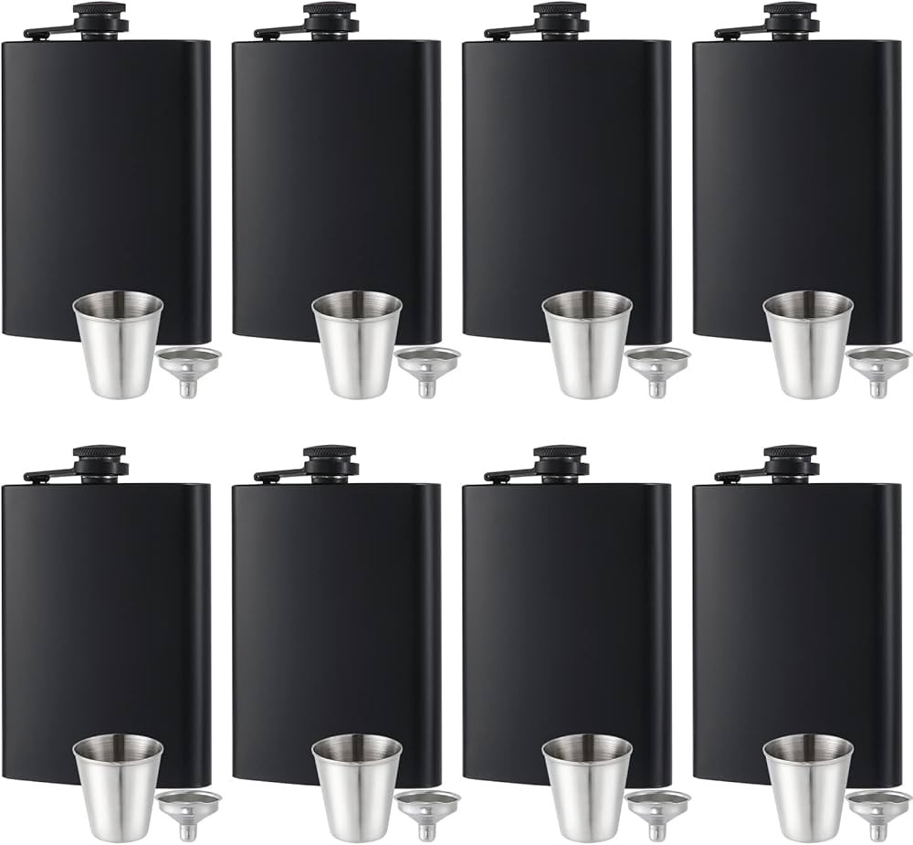 8 pcs Flask for Liquor for Men Matte Black 8 Oz Stainless Steel Leak proof with 8 pcs wine glass ... | Amazon (US)