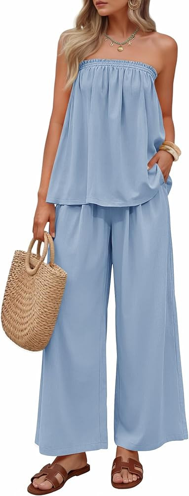 ZESICA Women's Summer 2 Piece Sets 2026 Spring Casual Strapless Tube Top Wide Leg Pants Ruffle Be... | Amazon (US)