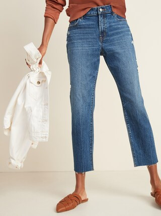 Mid-Rise Distressed Boyfriend Straight Jeans for Women | Old Navy (US)
