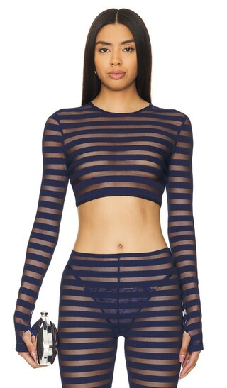 Cropped Long Sleeve Crewneck Top in True Navy | Revolve Clothing (Global)
