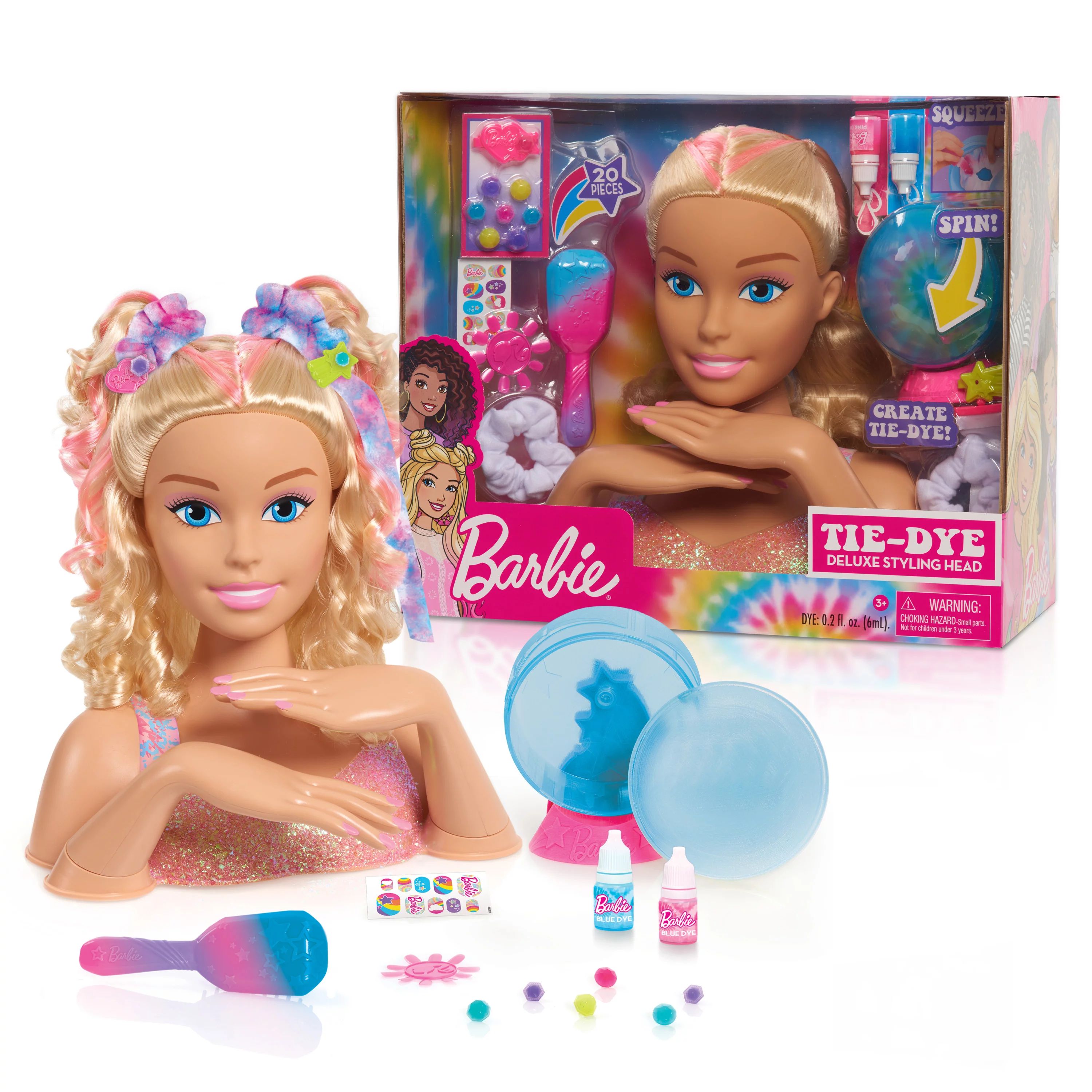 Barbie Tie-Dye Deluxe 22-Piece Styling Head, Blonde Hair, Includes 2 Non-Toxic Dye Colors, Presch... | Walmart (US)