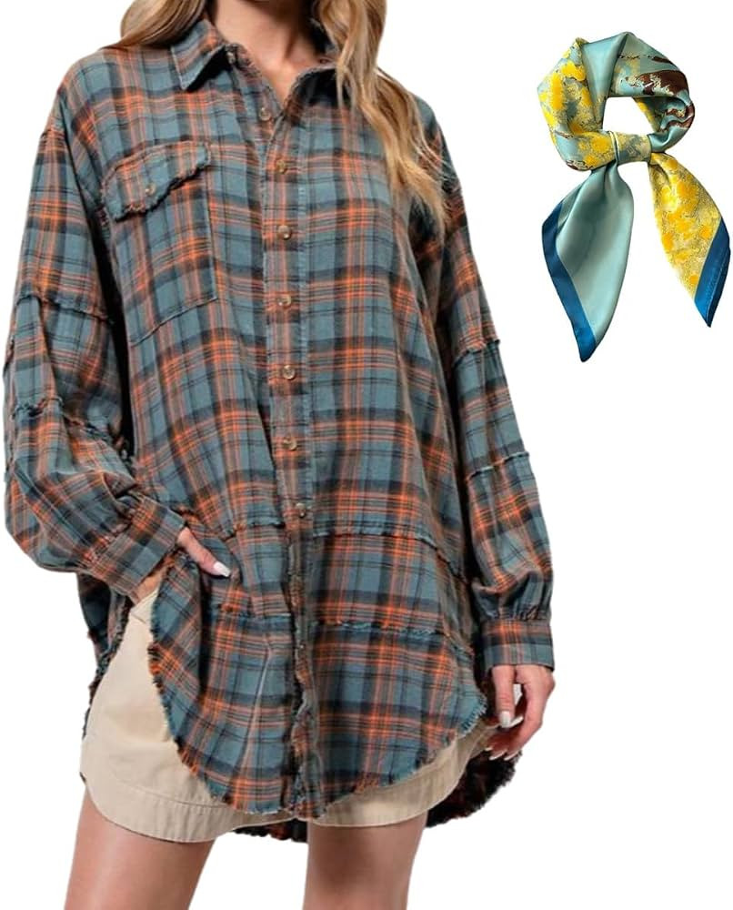 Women's Seams Raw Edge Washed Oversized Shirt Jacket with Pockets,Long Sleeve Button Down Flannel... | Amazon (US)