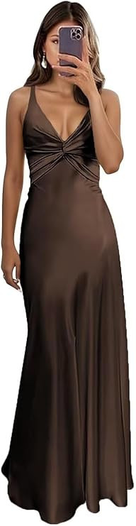Satin Prom Dresses 2026 Spaghetti Strap Bridesmaid Dresses Pleated V-Neck Silk Maxi Dress with Sl... | Amazon (US)