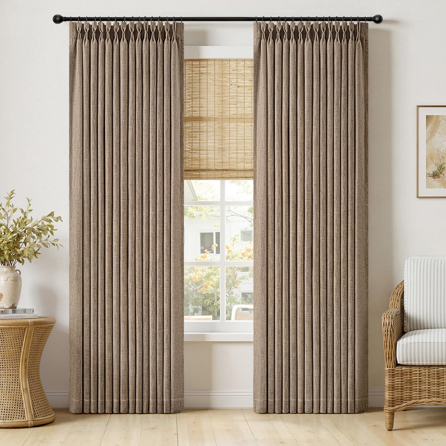 MIULEE Pinch Pleated Thick Linen Curtains 90 Inches 2 Panels Brown Drapes | Long Thick Curtains f... | Amazon (US)