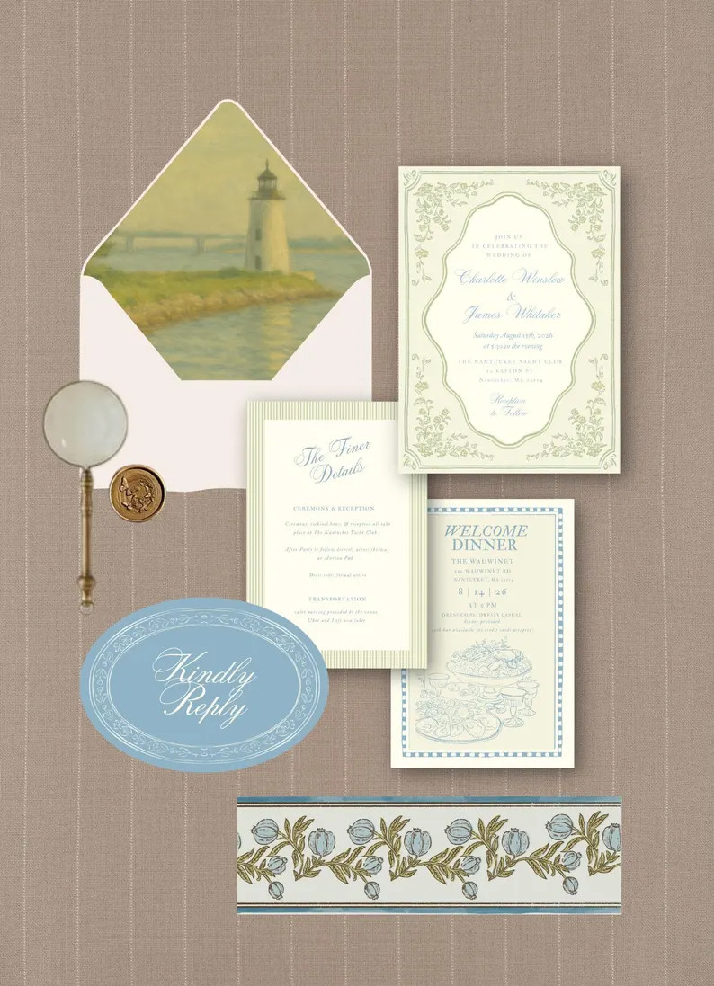 Nantucket Coastal Wedding Invitation Suite Template | Lighthouse Nautical Invite (digital Downloa... | Etsy (Global)