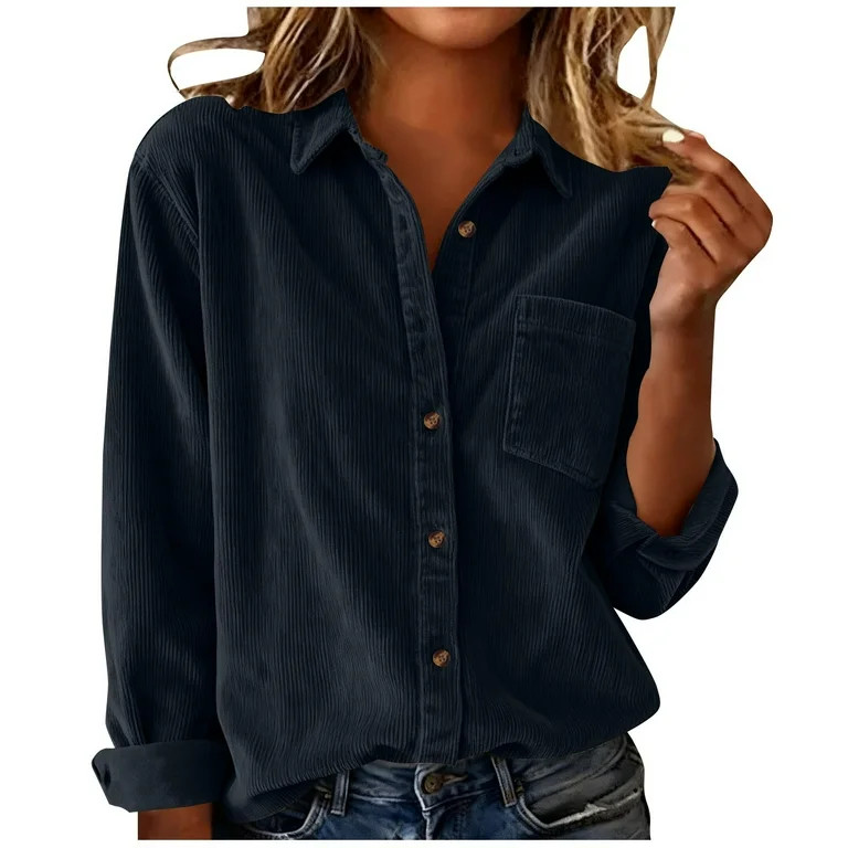 ZHYou No Boundaries Womens Textured Corduroy Button Down Shirts Casual Blouse with Chest Pocket L... | Walmart (US)