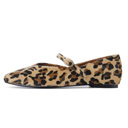Gothictor Furry Leopard Flats for Women Round Toe Ballet Mary Janes Adjustable Buckle Straps Casul Ballerina Dress Shoes Brown 5.5 | Amazon (US)