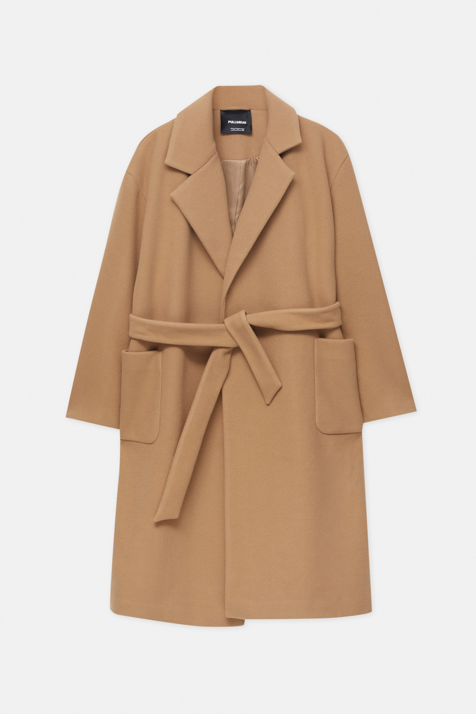 Long felt texture coat with belt | PULL and BEAR UK