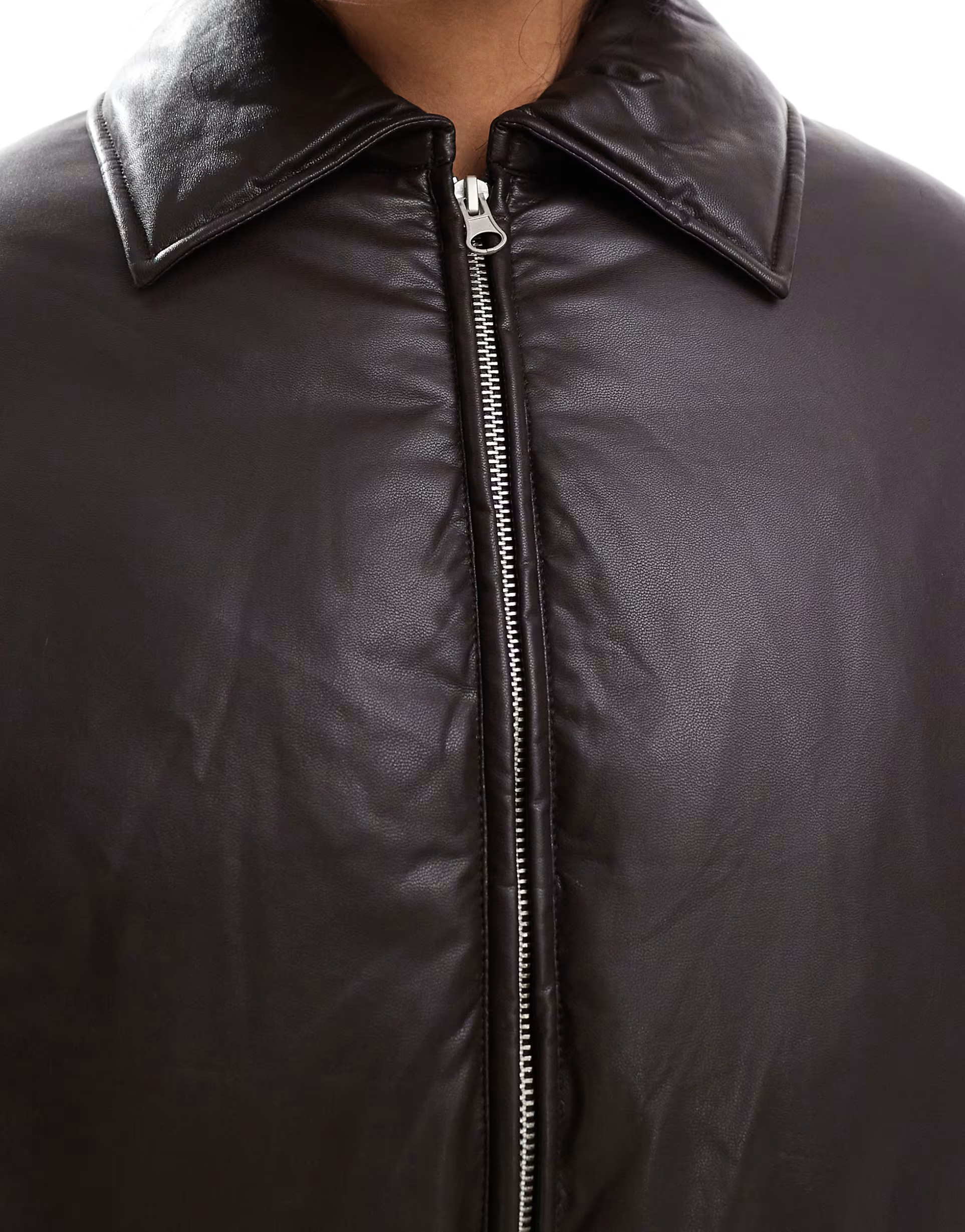 Stradivarius STR cropped faux leather puffer jacket in chocolate | ASOS (Global)