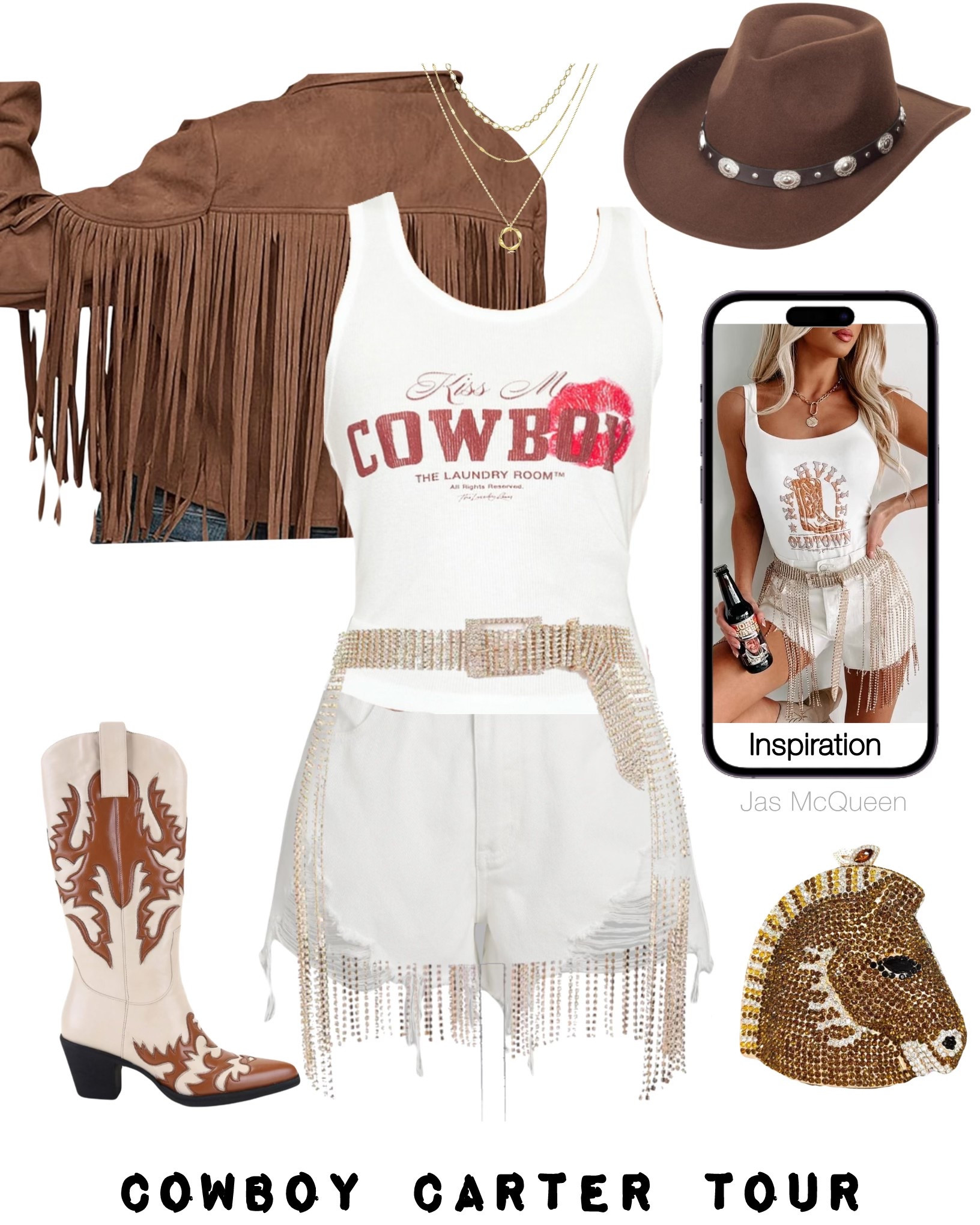 White and Brown Cowboy Couture - Cowboy Carter Tour Outfit Inspo

Brown fringe suede jacket, cowboy tank, white distressed shorts, cowboy boots, gold rhinestone fringe belt, brown cowboy hat, brown rhinestone horse head purse 



#LTKStyleTip #LTKFestival #LTKItBag