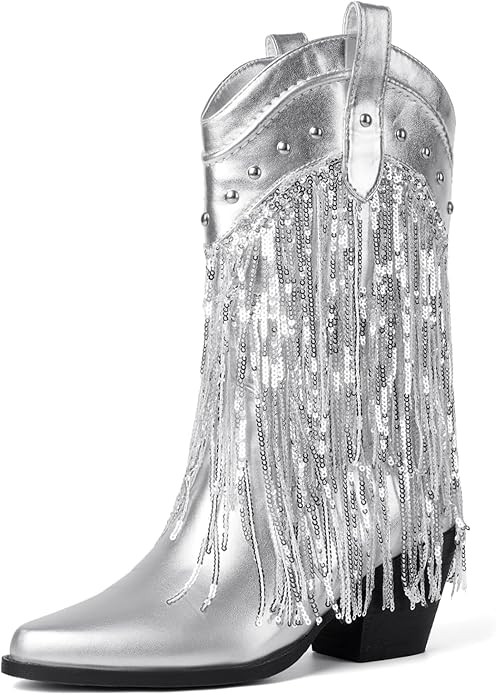 Womens Fringe Metallic Cowboy Boots Pointed Toe Chunky Hell Tassel Mid Calf Boots | Amazon (US)