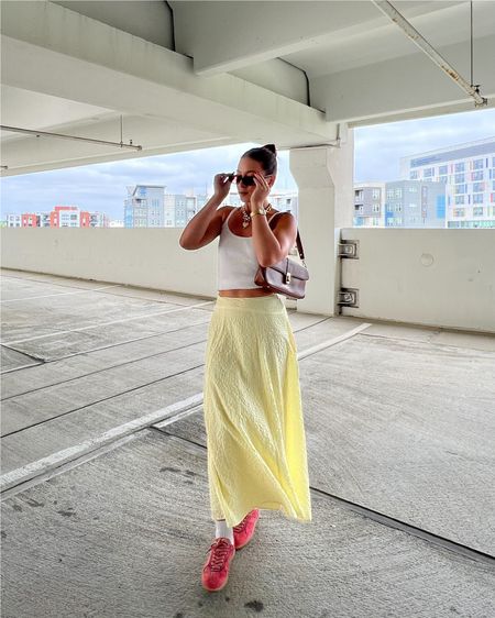 5/4/24 Skirt outfit 🫶🏼 summer fashion, summer fashion trends, skirt outfit, yellow skirt, Abercrombie style, summer fashion, summer outfits, summer outfit inspo, casual summer outfits, pink sneakers, alohas sneakers