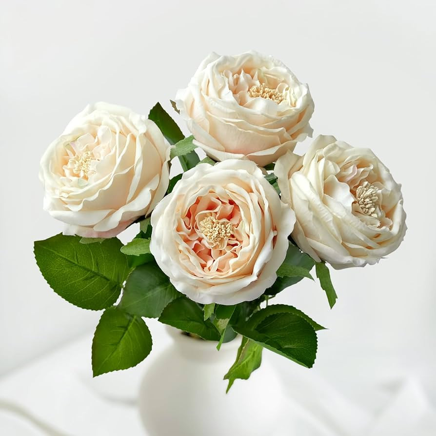 YalzoneMet 3.5'' Big Bloom Champagne Rose Artificial Flowers 4Pcs Real Touch Rose Faux 17.7Inch L... | Amazon (US)