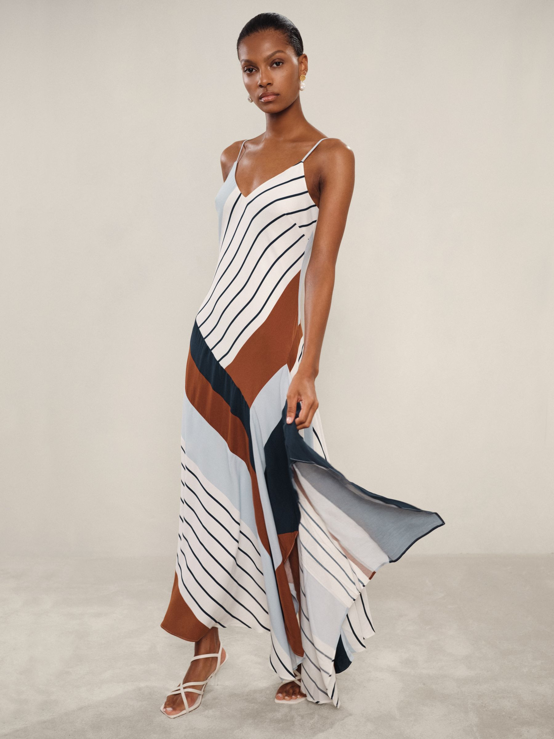 Stripe-Print Handkerchief Maxi Dress in Blue/Brown | Reiss UK