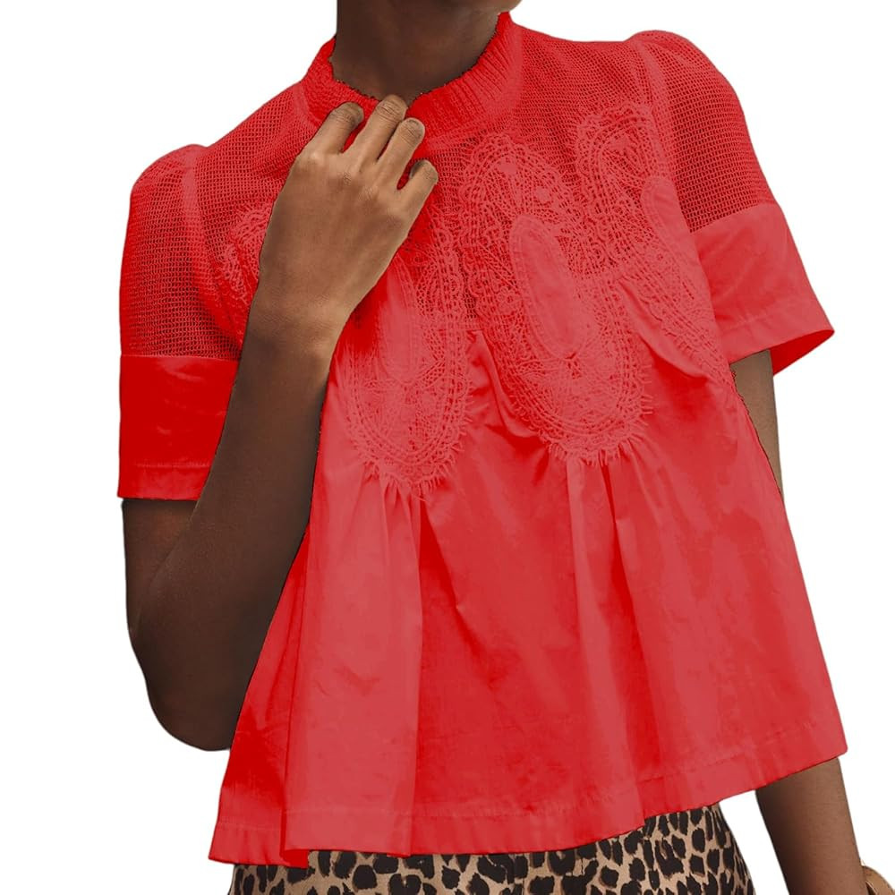 VAOYIU Women Lace-Detail Flared Blouse Short-Sleeve Crew Neck Lace Poplin Mesh Swing Top Elegant ... | Amazon (US)