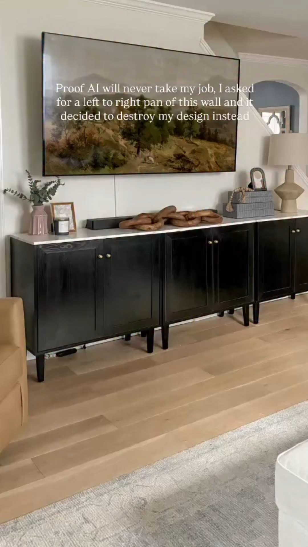 Asked AI to show off these cute cabinets we picked and it responded like a raccoon on Red Bull. EVERYTHING. ON. THE. FLOOR.

