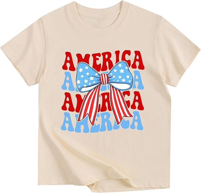 American Flag Shirts for Girls 4th of July Bow Patriotic Tshirts Cotton Short Sleeve Tees 3-13 Ye... | Amazon (US)