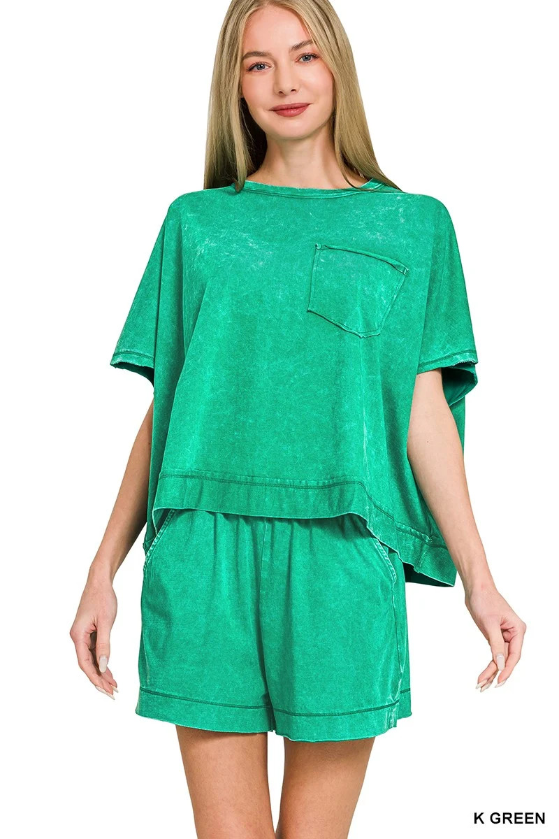 Zenana Acid Washed Oversized Top & Shorts Set | Charming Charlie