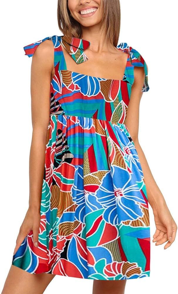 KOJOOIN Women Summer Beach Sun Dress Tie Strap Sleeveless Babydoll Ruffle A Line Short Mini Dress | Amazon (US)
